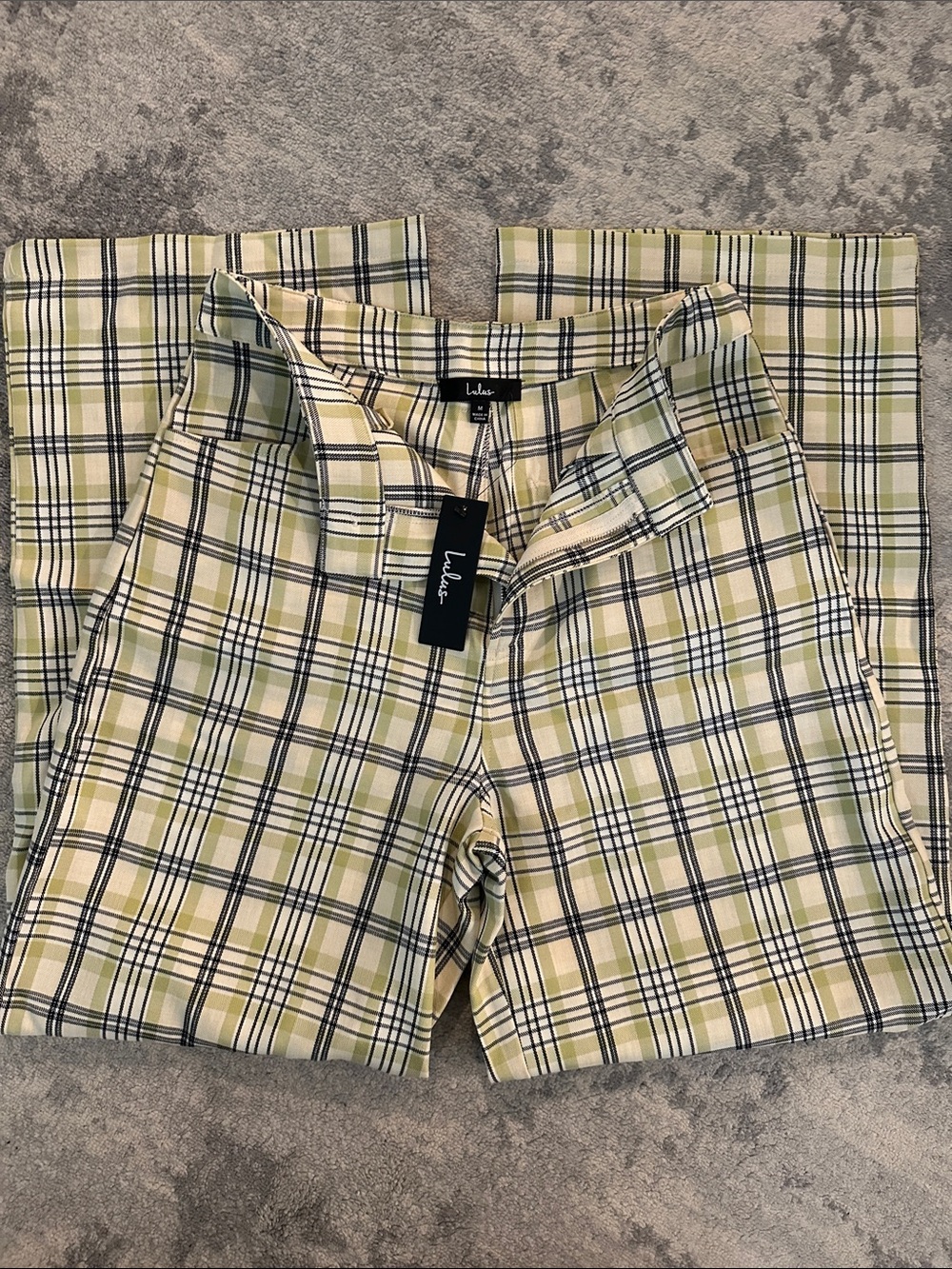 NWT Lulus Plaid Wide-Leg Pants in Yellow/Green